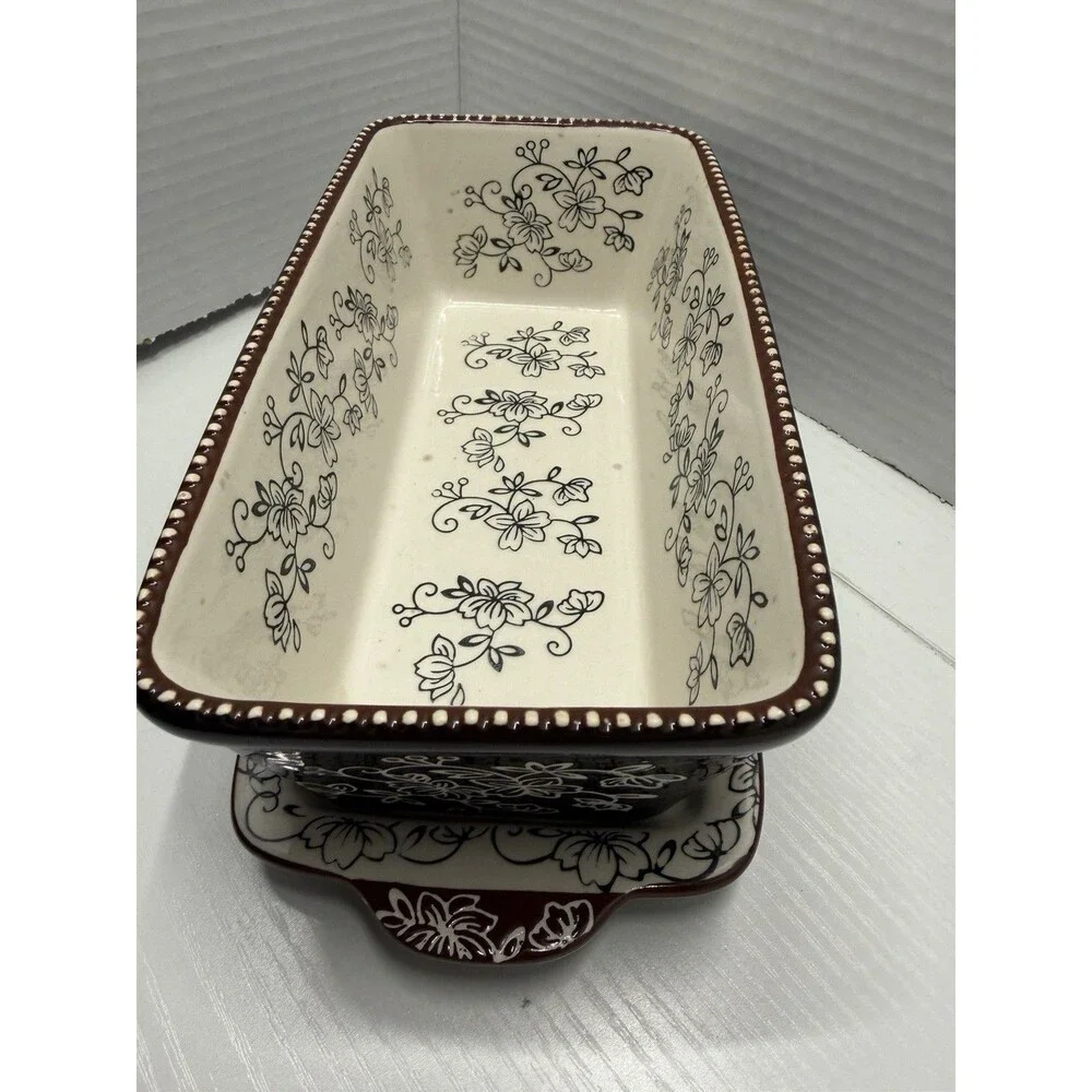 3 Pc TEMP-TATIONS Floral Lace 1 Quart Loaf Bakeware w/Lid & Hotplate